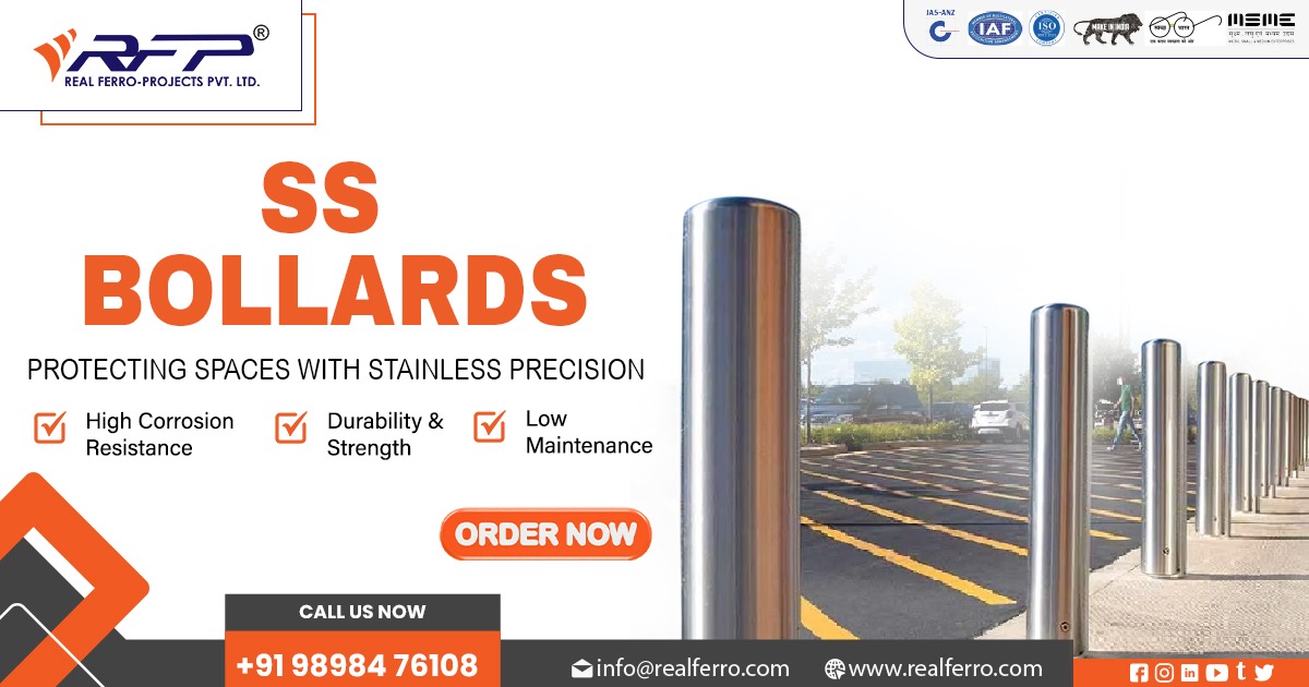 Reliable Stainless Steel Bollards for Modern Urban Spaces Real Ferro Projects Pvt. Ltd. offers Reliable Stainless Steel Bollards in Jharkhand. Our Manufacturing unit is based in Ahmedabad, Gujarat, India. Stainless steel bollards are emerging as a vital element in safeguarding modern urban spaces, while enhancing their visual appeal. Real Ferro Projects Pvt. Ltd. offers a range of reliable stainless steel bollards designed to meet the unique demands of urban infrastructure. Whether you're designing a commercial plaza, residential complex, or public street, our bollards combine functionality with sophisticated design to ensure both safety and style. Introduction to Reliable SS Bollards Reliable stainless steel bollards are versatile, robust, and long-lasting security solutions used in a variety of urban settings. Constructed from high-quality stainless steel, these bollards serve as physical barriers to protect pedestrians, vehicles, and infrastructure. They not only offer structural security but also blend seamlessly with modern urban design, ensuring that the aesthetic value of the space is preserved. We specialize in manufacturing stainless steel bollards that are engineered for strength, reliability, and performance, making them an ideal choice for a wide range of applications. Features of SS Bollards Sleek, Modern Aesthetic: Stainless steel bollards exude a polished, modern look that complements contemporary urban design. Customizable Designs: Available in various shapes, sizes, and finishes, our stainless steel bollards can be customized to meet specific aesthetic or functional requirements. Eco-Friendly: Stainless steel is a sustainable material that can be recycled at the end of its lifespan, contributing to environmentally-friendly urban development. Enhanced Safety: These bollards provide a physical barrier that protects pedestrians and infrastructure from errant vehicles. Materials Used in Reliable SS Bollards 304 Stainless Steel:This grade is widely used due to its excellent corrosion resistance, making it ideal for outdoor applications. 316 Stainless Steel: For environments with higher exposure to harsh conditions (such as coastal areas or industrial zones), 316 stainless steel offers superior corrosion resistance due to the addition of molybdenum, ensuring longevity in extreme conditions. Powder-Coating: For added aesthetics and additional protection, bollards can be coated with a high-quality powder finish. Reflective Strips and LED Lighting: For enhanced visibility and security, bollards can be equipped with reflective strips or LED lighting. Application: Pedestrian Zones Street Furniture and Aesthetic Design Parking Lots and Vehicle Control Government and Commercial Buildings Public Spaces & Parks Airport and Transportation Hubs Real Ferro Projects Pvt. Ltd. offers Reliable Stainless Steel Bollards in Jharkhand and also including locations in Ranchi, Bokaro, Jamshedpur, Dhanbad, Giridih, Hazaribagh, Ramgarh, Hazaribagh, Chirkunda, Mango, Chaibasa, Koderma, Sahibganj, Jhumri Telaiya, Jamtara, Dumka, Gumia, Madhupur, Phusro, Chakradharpur. For more information, please feel free to contact us. Website: www.realferro.com Email: info@realferro.com | realferro@gmail.com Call/WhatsApp: +91 98984 76108