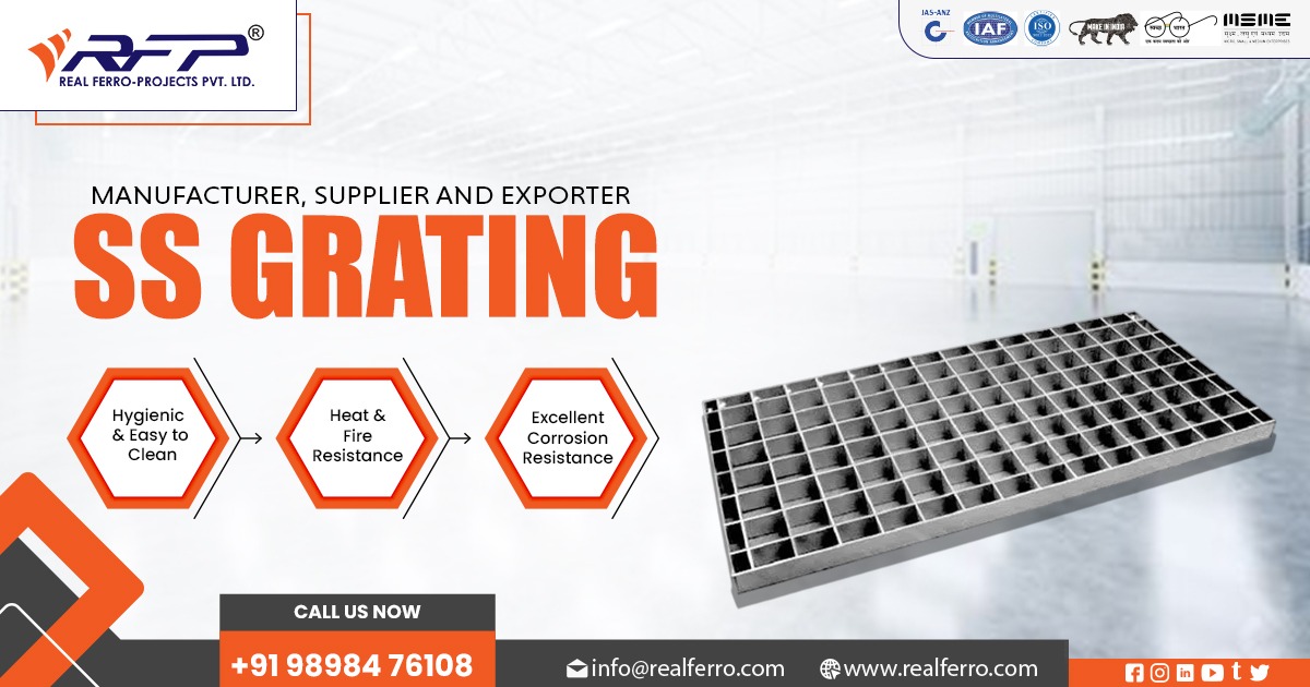 Custom stainless steel grating installed in industrial flooring, showcasing durability and corrosion resistance.