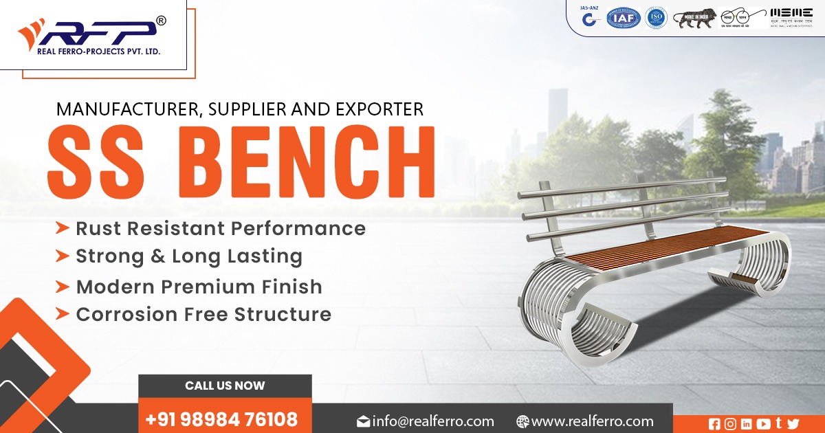 Customized stainless steel bench manufactured by Real Ferro Projects Pvt. Ltd. for commercial and industrial seating applications.