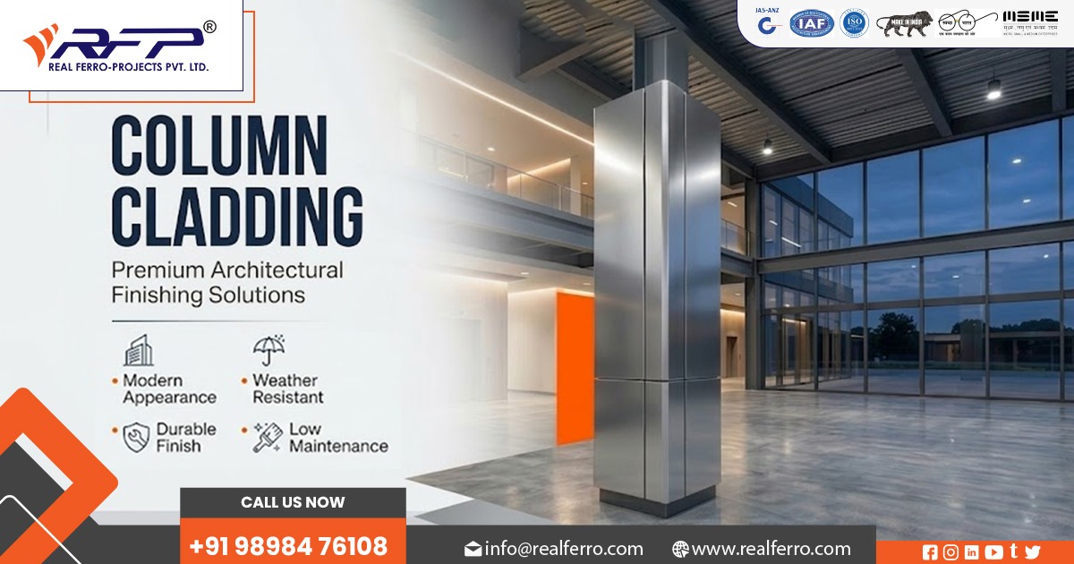 Modern interior column cladding installed by Real Ferro Projects Pvt. Ltd. in commercial architectural project